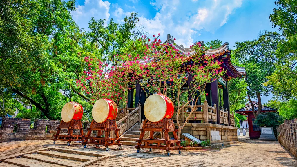 Ceremonial drums in the courtyard below the pavilion