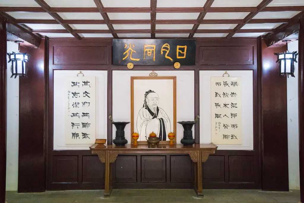 A memorial shrine inside Yuelu Academy, with a portrait and altar under a carved plaque
