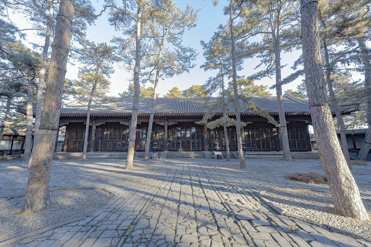 The plain grey-roofed Danbo Jingcheng Hall among old pine trees in the palace zone