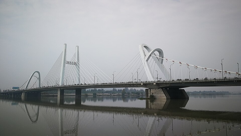 Longgang Bridge and river cityscape in Hanzhong