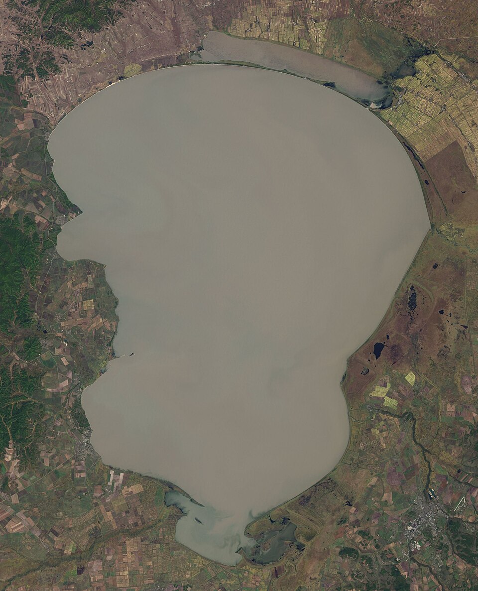 Satellite image of Xingkai Lake and the smaller lake to its north on the China-Russia border