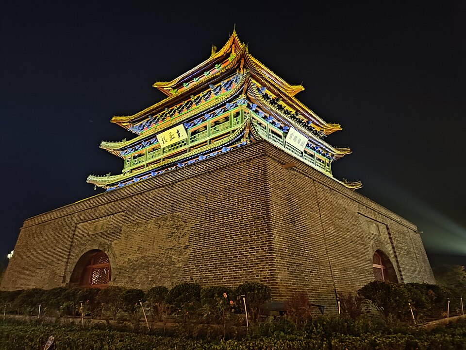 Four-storey timber Guangyue Tower on its brick platform in Liaocheng old city