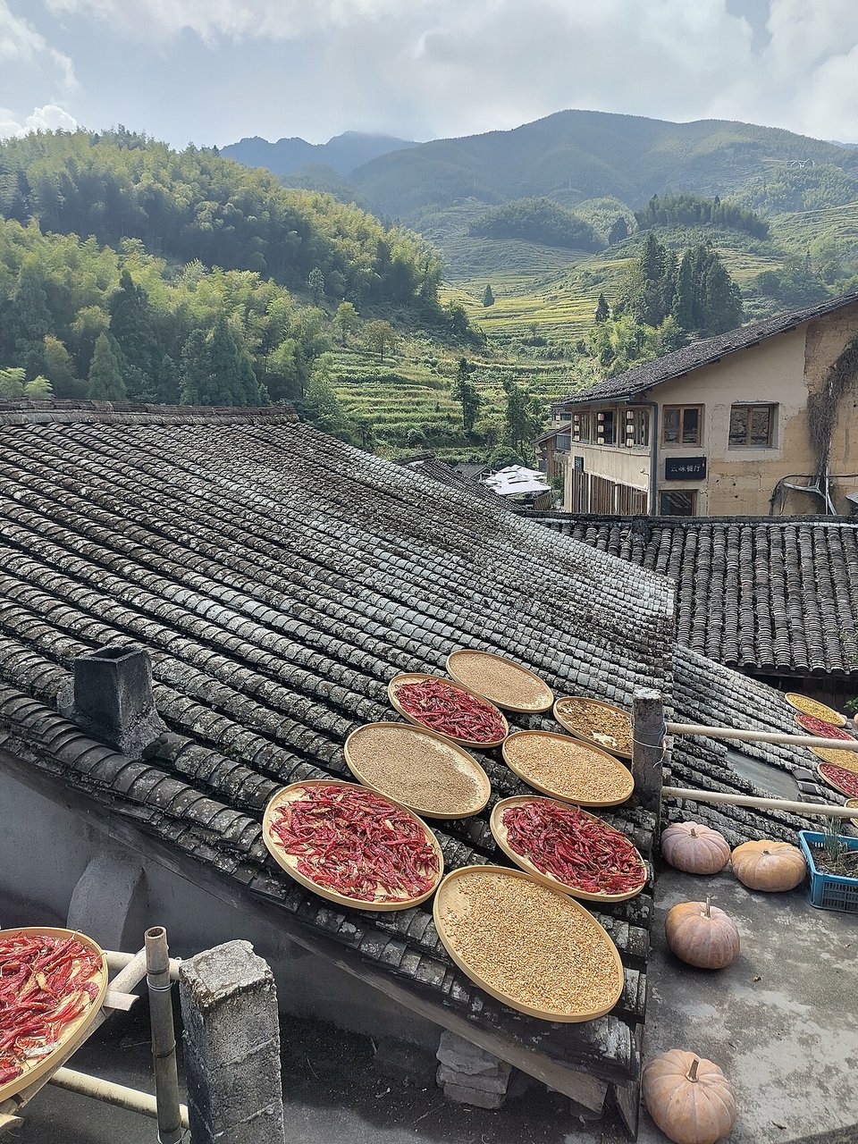 Grey tiled roof of a village house with round trays of food drying in the sun above the terraces
