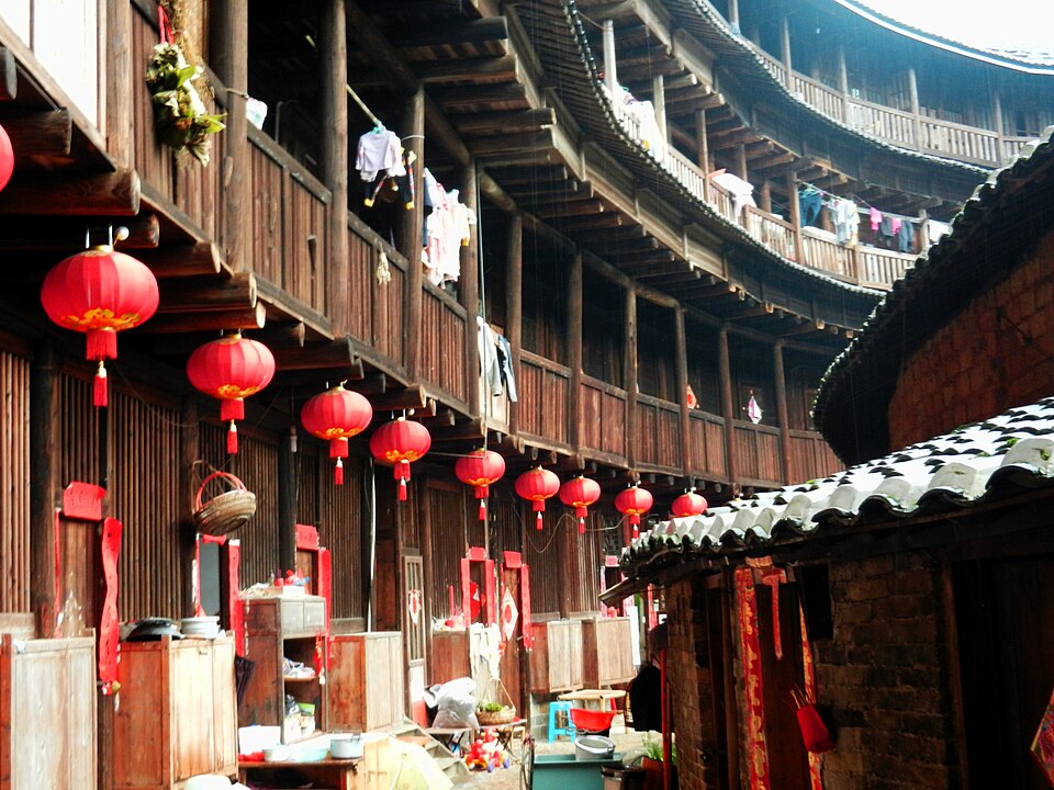 Interior courtyard view from upper floor of a Hakka tulou