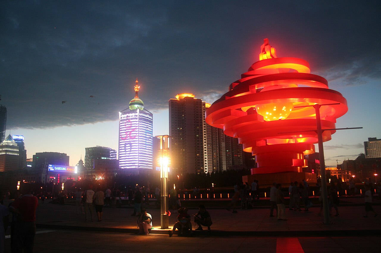 May Fourth Square, Qingdao: Sculpture and Night Lights