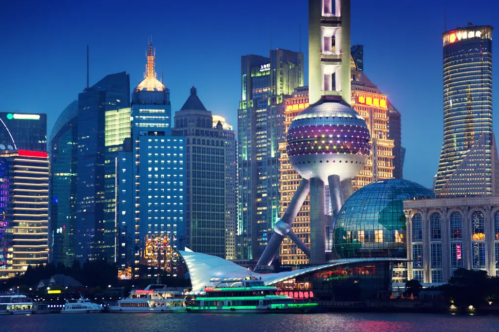 The Oriental Pearl Tower and Pudong skyscrapers across the Huangpu River at dusk