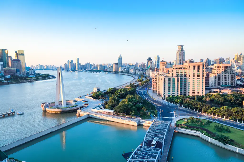 Aerial view of the Bund and the Waibaidu Bridge over Suzhou Creek at sunrise