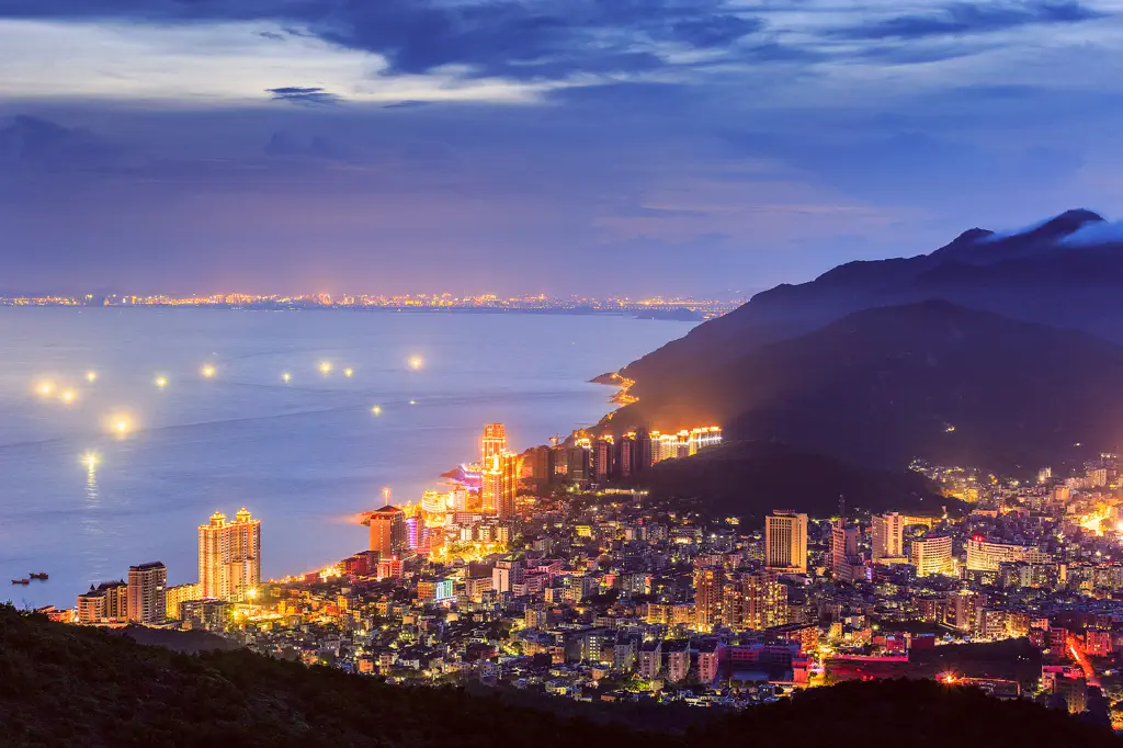 The island's county town at dusk seen from the hills