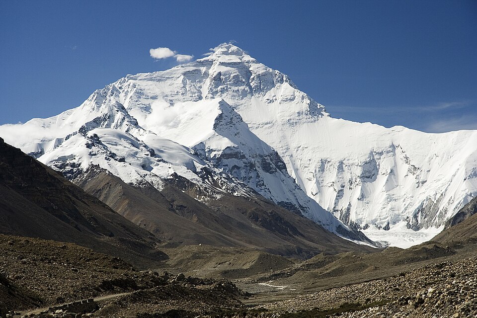 Everest's north face rising beyond a valley on the Tibetan side