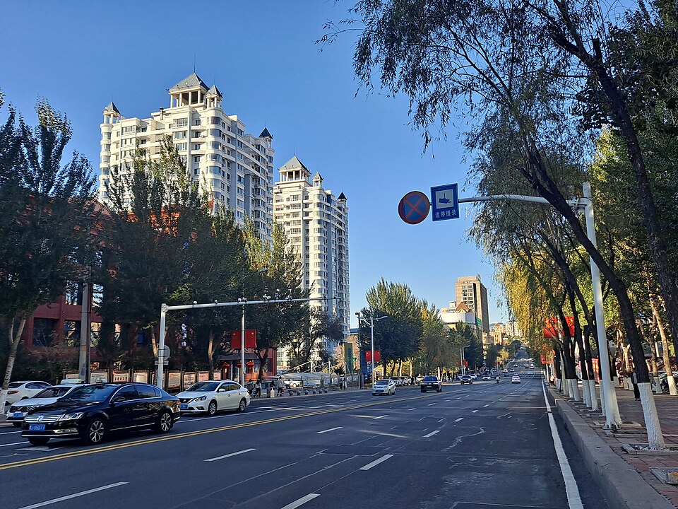 Apartment blocks and streets of Shuangyashan city in a valley