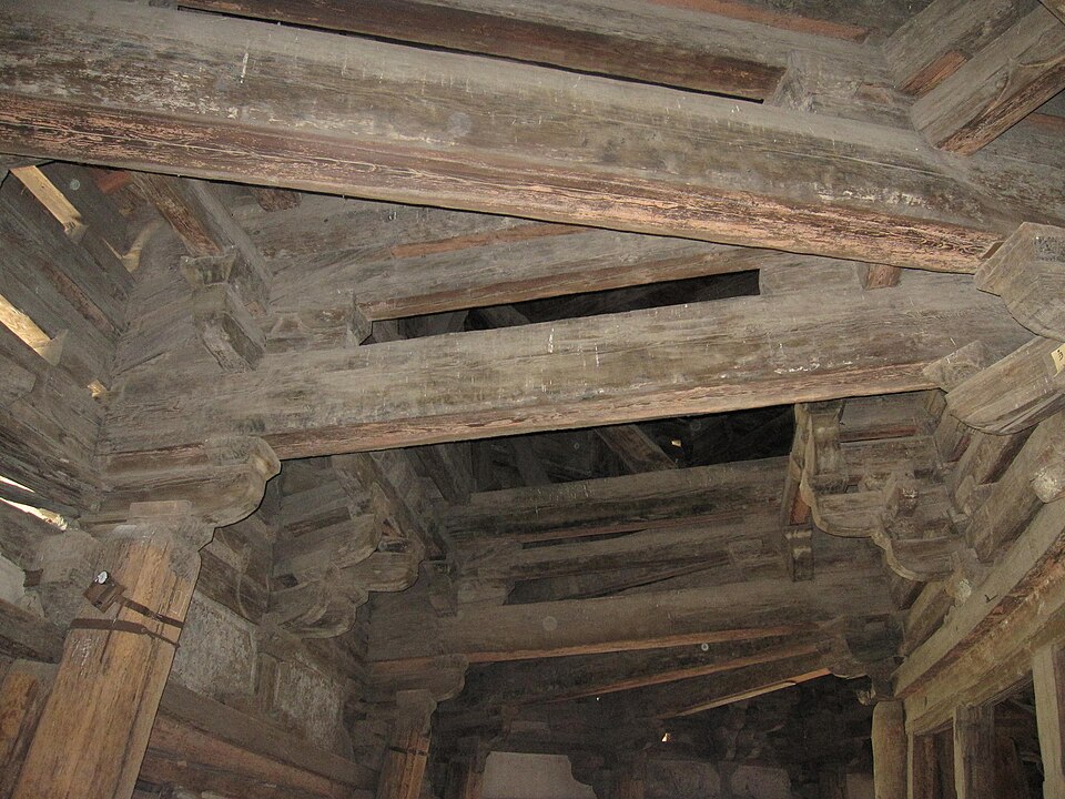 Heavy timber beams and bracket sets inside the Yingxian Wooden Pagoda