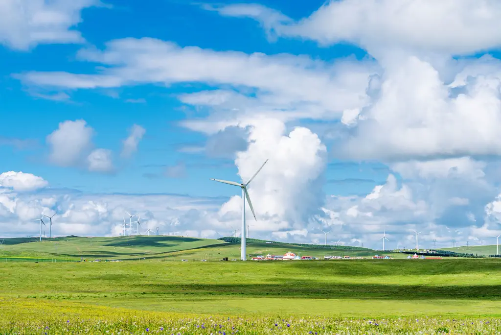 Wind turbines on rolling green grassland under summer clouds near Ulanqab