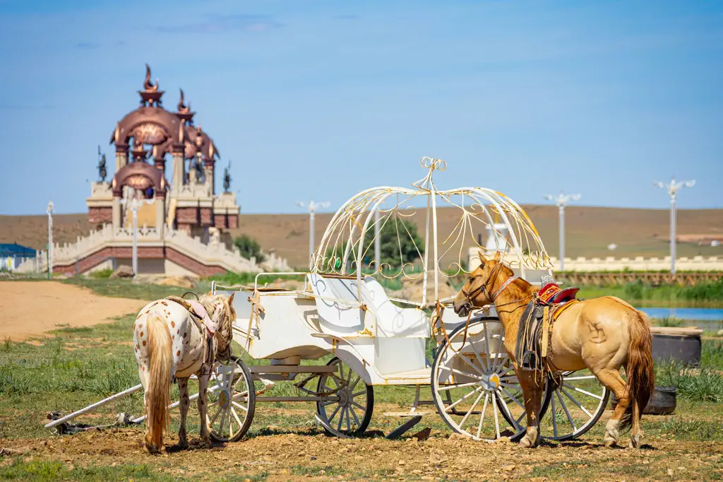 Horses with a white carriage in front of a domed pink building at a Gegentala grassland resort