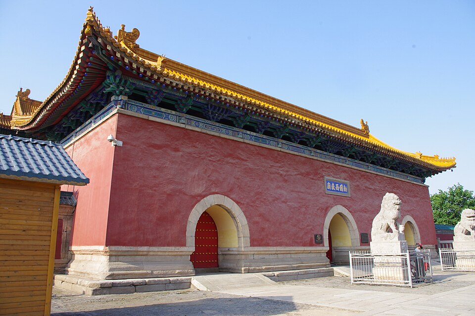 Red gate tower and walls of the Xiyue Temple in Huayin