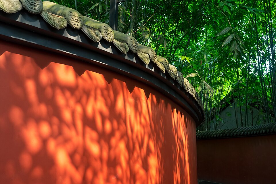 The red-walled corridor and green bamboo of Chengdu's Wuhou Shrine