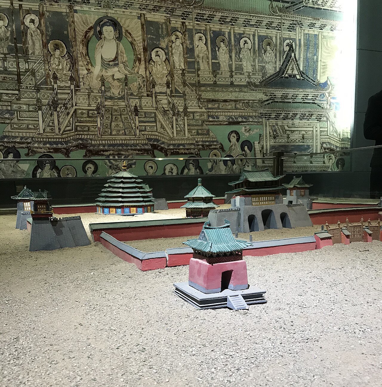 scale model of a Western Xia tomb enclosure with towers, walls and a stepped pagoda-like mound inside a museum